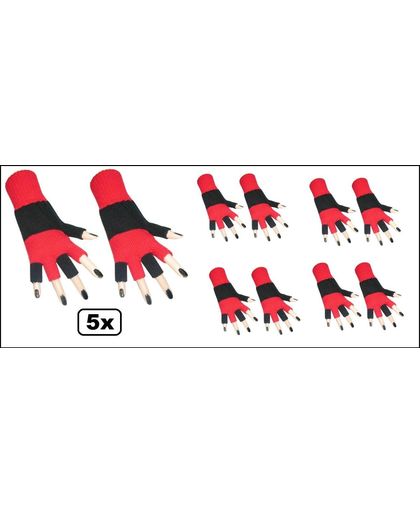 5x Paar vingerloze handschoen zwart/rood