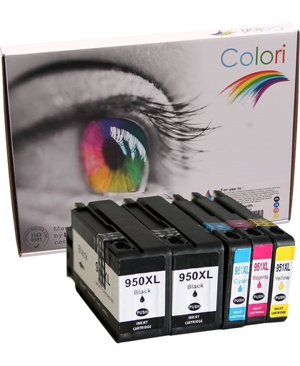 Toners-kopen.nl CN045AE 950XL zwart, CN046AE 951XL cyaan, CN047AE 951XL magenta, CN048AE 951XL geel Set 5x Colori Premium patroon voor HP 950XL/951XL (2xBK+1xCMY)