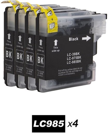 4x Brother Compatible LC-985BK inktcartridge Zwart voor Brother DCP-J125/J315W/J515W, MFC-J220/J265W/J415/J410