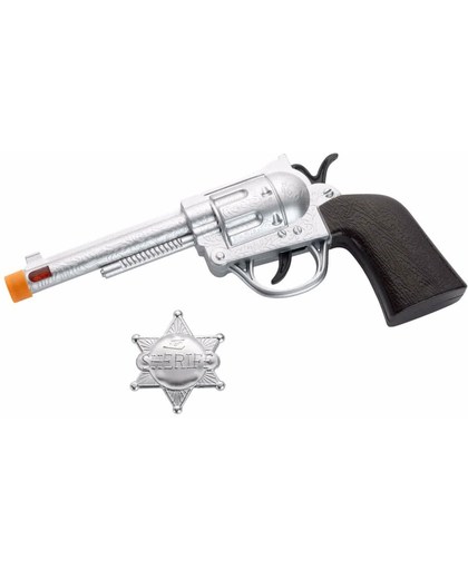 Zilveren Western revolver met badge
