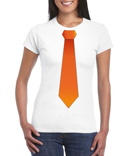 Wit t-shirt met oranje stropdas dames - Koningsdag / oranje supporter L