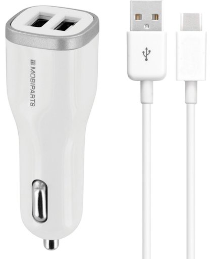 Mobiparts Car Charger Dual USB 2.4A + USB-C Cable White