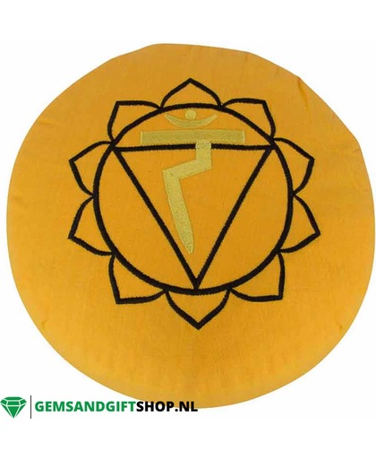 Geel Meditatie- of Yogakussen – met handgeborduurd Chakra teken