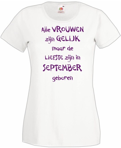 Mijncadeautje - T-shirt - wit - maat XS- Alle vrouwen zijn gelijk - september
