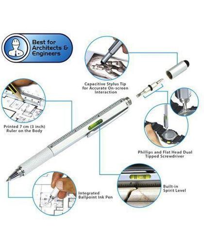6 in 1 Aluminium Stylus Pen Tablet / Smartphones / Laptops - Waterpas / Balpen / Schroevendraaier / Stylus / Liniaal - Architect / Ingenieur