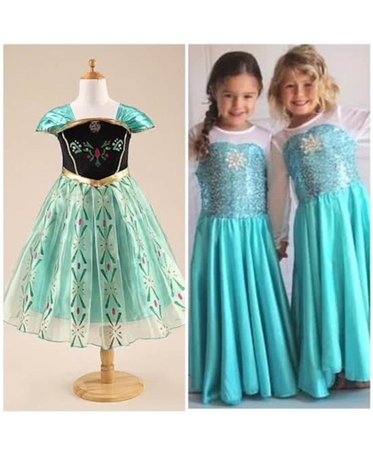 Prinses Elsa verkleedjurk met sleep + Anna jurk maat 128/134 (labelmaat 140)