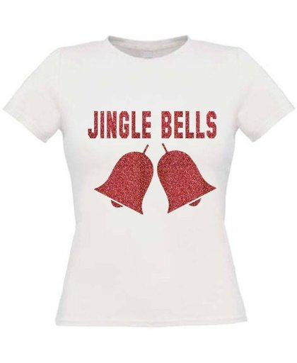 T-shirt Jingle bells glitter maat S Dames wit