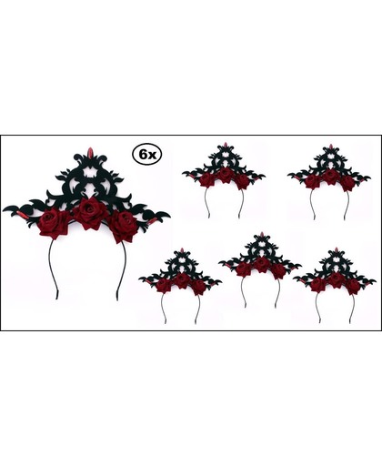 6x Diadeem zwarte kroon met rozen