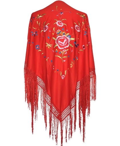 Spaanse manton/omslagdoek rood diverse bloemen bij Flamenco jurk verkleedkleding