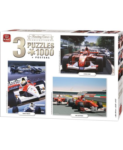 King 3 in 1 Puzzel 1000 Stukjes (68 x 49 cm) - Formule 1 Raceauto's Collectie - Drie Legpuzzels met Voorbeeldposters - Volwassenen