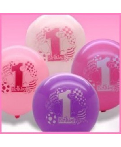Ballonnen 1e verjaardag thema roze ballonnen.