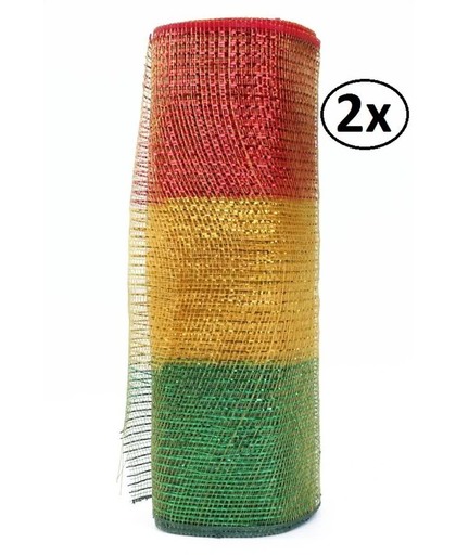2x Rol tule rood/geel/groen smalle streep 9,14 meter