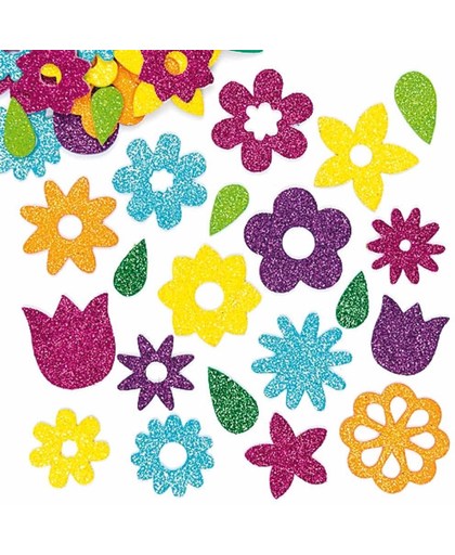 Foam stickers met glitter bloemen - scrapbooking verfraaiing om te maken en versieren lente kaarten decoraties en knutselwerkjes (120 stuks)