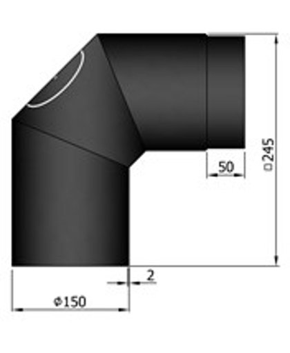 TT Kachelpijp Ø150 bocht 2 x 45° (90 graden) zwart - zwart - 2mm - staal - Ø150mm