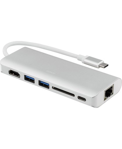 DELTACO USBC-1272 USB-C Docking station - USB-C 3.1 Gen.1 Dock met HDMI, USB-C PD 60W/3A, 1xRJ45, 2 x USB  3.1, 1 x SD card slot, DisplayPort 1.2 Alt Mode, aluminium Zilver (Windows, macOS, Chrome OS)