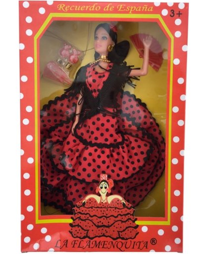 Spaanse barbie pop Flamenco rood zwarte stippen jurk barbiepop