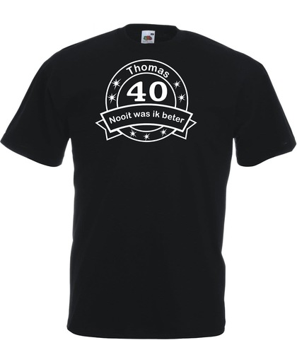 Mijncadeautje - Unisex T-shirt - Hoera 40 nooit was ik beter - met voornaam - zwart - maat M