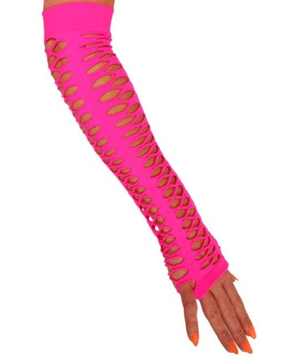 Handschoenen vingerloos grote gaten pink 40 cm