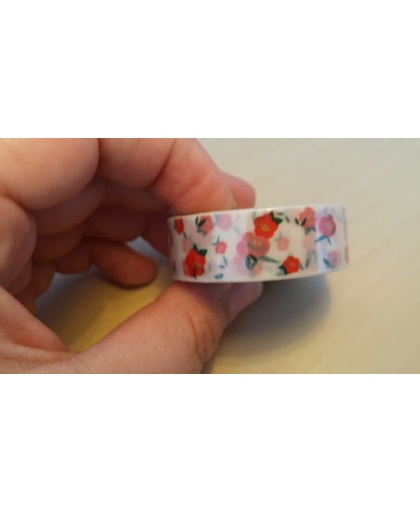 Washi Tape 10m Bloem Wit met Rode Bloempjes Verspreid