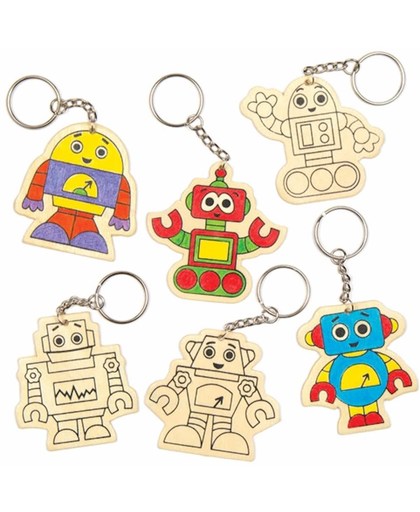 Houten sleutelringen met robotfiguurtjes die kinderen kunnen ontwerpen, inkleuren en weggeven – creatieve knutselset voor kinderen (6 stuks per verpakking)