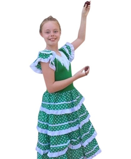Spaanse jurk - Flamenco - Groen/Wit - Maat 104/110 (6) - Verkleed jurk
