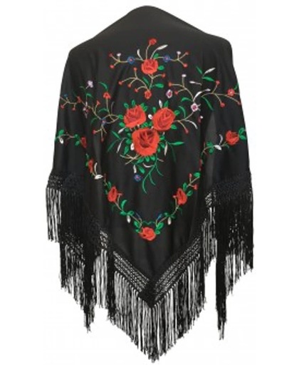 Spaanse manton - omslagdoek - zwart met rozen bij verkleedkleding of Flamenco jurk