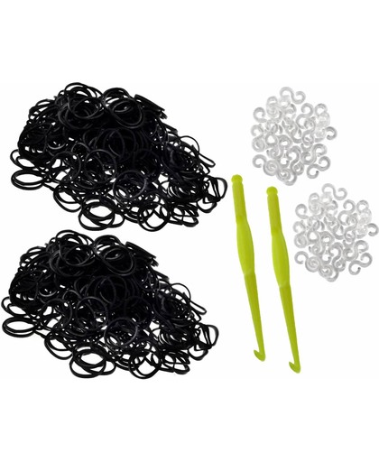 600 loom elastiekjes zwart met weefhaken en S-clips voor eindeloos speelplezier met deze loombandjes