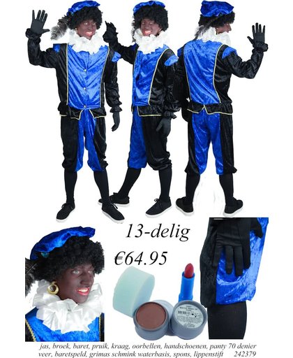Zwarte Pietenpak kinderen Zwart/Blauw compleet maat 164