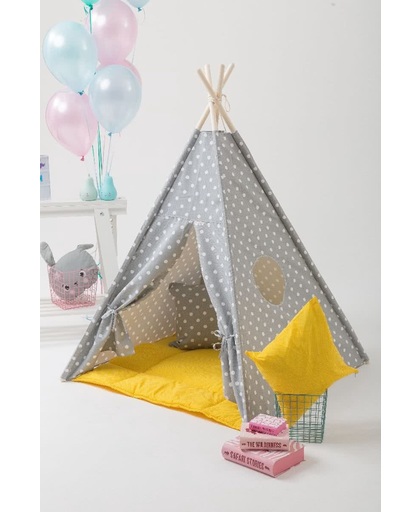 Tipi Tent - Speeltent - Tent -Wigwam - Grijze Tipi met Witte Rondjes - Inclusief Gele Speelmat & Kussensloop