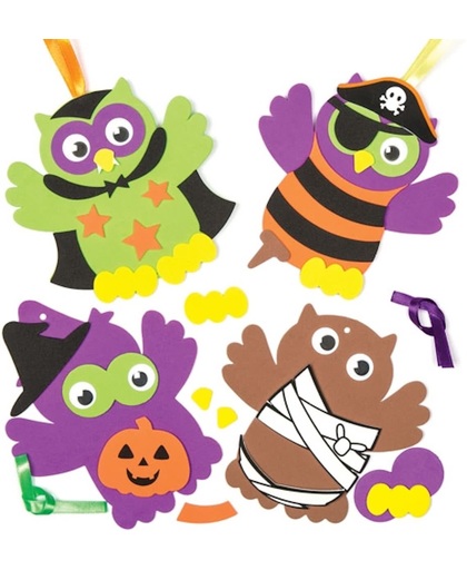 Sets met uilendecoraties voor Halloween. Creatieve set waarmee kinderen een herfstknutselwerkje kunnen maken, versieren en ophangen (4 stuks)