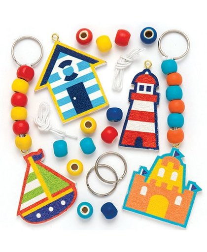 Sets met houten sleutel- en tashangers met strandthema voor kinderen om te versieren (4 stuks per verpakking)