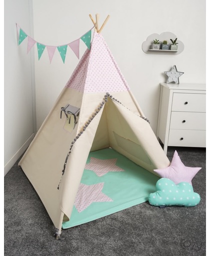 FUJL - Tipi Tent - Speeltent - Wigwam - kinder tipi -  Set Little Stars Pink - Inclusief asseccoires