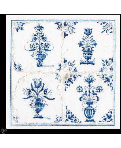 Thea Gouverneur Borduurpakket 483 Delft blauwe tegels, vazen - Linnen stof