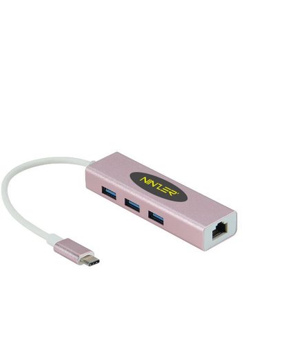 USB 3.1 Type-C naar USB HUB 3.0 + Gigabit Ethernet LAN RJ45 internet aansluiting | Roze