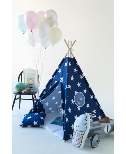 Tipi Tent - Speeltent - Tent -Wigwam - Blauwe Tipi met Witte sterren - Inclusief Witte Speelmat & kusselsloop