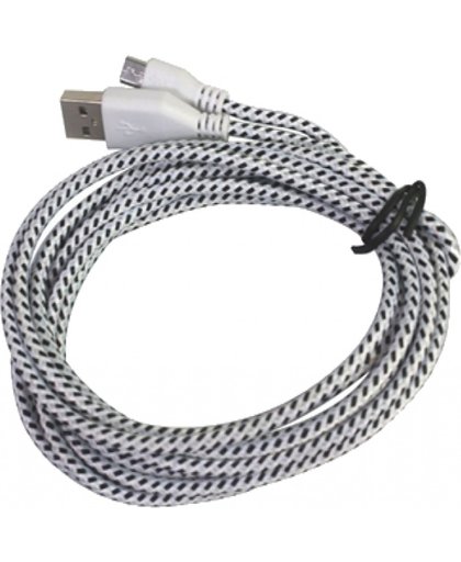 Stoffen Micro-USB laadkabel van 3 meter, sterke extra lange 3mtr micro usb kabel (voelt als een strijkijzer kabel), wit , merk i12Cover