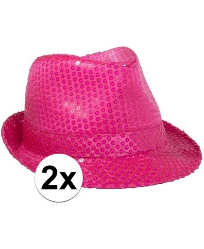 2x Voordelige Toppers neon roze trilby hoed met pailletten