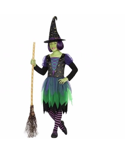 Halloween - Heksen outfit groen/zwart voor meisjes 128 (7-9 jaar)