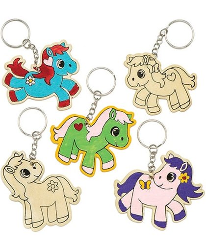 Houten inkleurbare Pretty Pony-sleutelhangers voor kinderen om te versieren - Knutselset voor kinderen (6 stuks per verpakking)