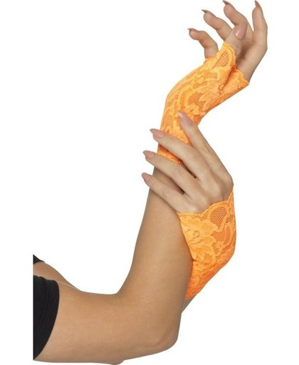 Vingerloze neon oranje handschoenen van kant