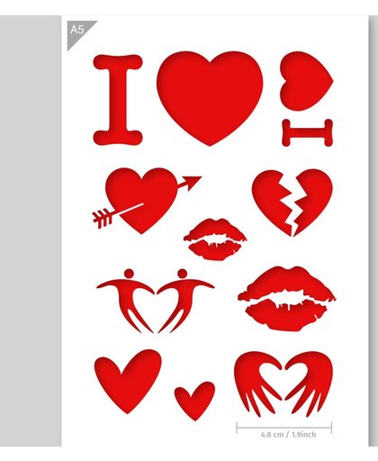 A5 Sjabloon Liefde Valentijn Iconen – Kunststof Stencil - Hart handen zijn 4,8 cm breed - Hart, Kus, Liefde, Valentijn, I love you sjabloon