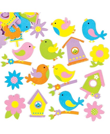 Foam stickers vogels en bloemen - knutselspullen voor kinderen - scrapbooking verfraaiing om te maken en versieren lente en Pasen kaarten decoraties en knutselwerkjes (120 stuks)