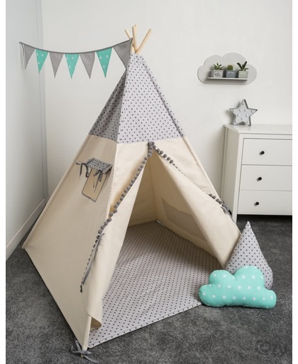 FUJL - Tipi Tent - Speeltent - Wigwam - kinder tipi -  Set Little Stars Grey - Inclusief asseccoires