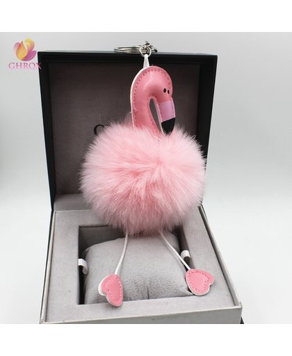 Roze Pluizige Flamingo Sleutelhanger met Pootjes en Hoofd - Pompon sleutelhanger