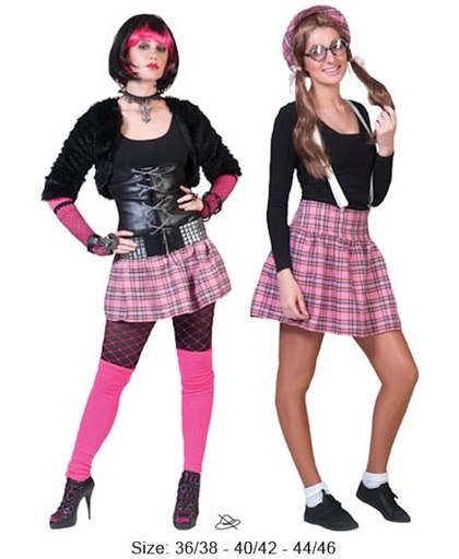 Carnaval Halloween kostuum sexy check skirt roze rokje voor nerd, punker, schooluniform