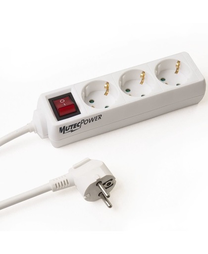 MutecPower verlengsnoer met aarding - 25 meter - 3 stopcontacten en verlichte schakelaar - tot 230 V, 50 Hz, 16 A – geschikt voor binnen gebruik – geleiders dikte 2x1,5mm – materiaal PVC – Kleur wit