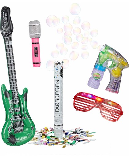 relaxdays 5-delige partyset, luchtgitaar, micro, LED bril, bellenplaaspistool, partypopper