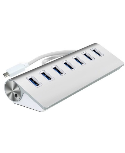 Stijlvolle Aluminium USB Type C 3.1 Hub / Switch / Splitter | USB C Naar 7 Poorts USB 3.0 Hub (Tevens Compatibel Voor USB A 2.0 & 1.1) - Voor O.a. Macbook - Supersnelle bestandsoverdracht tot 5 Gbps | Zilverkleurig