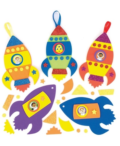 Mix & match decoratiesets raket voor kinderen. Leuke knutsel- en decoratiesets voor jongens en meisjes (6 stuks per verpakking)