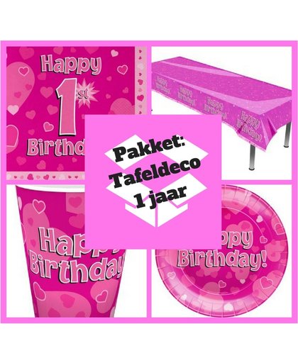 1 jaar versiering meisje: tafel decoratie pakket roze (pakket 4.)